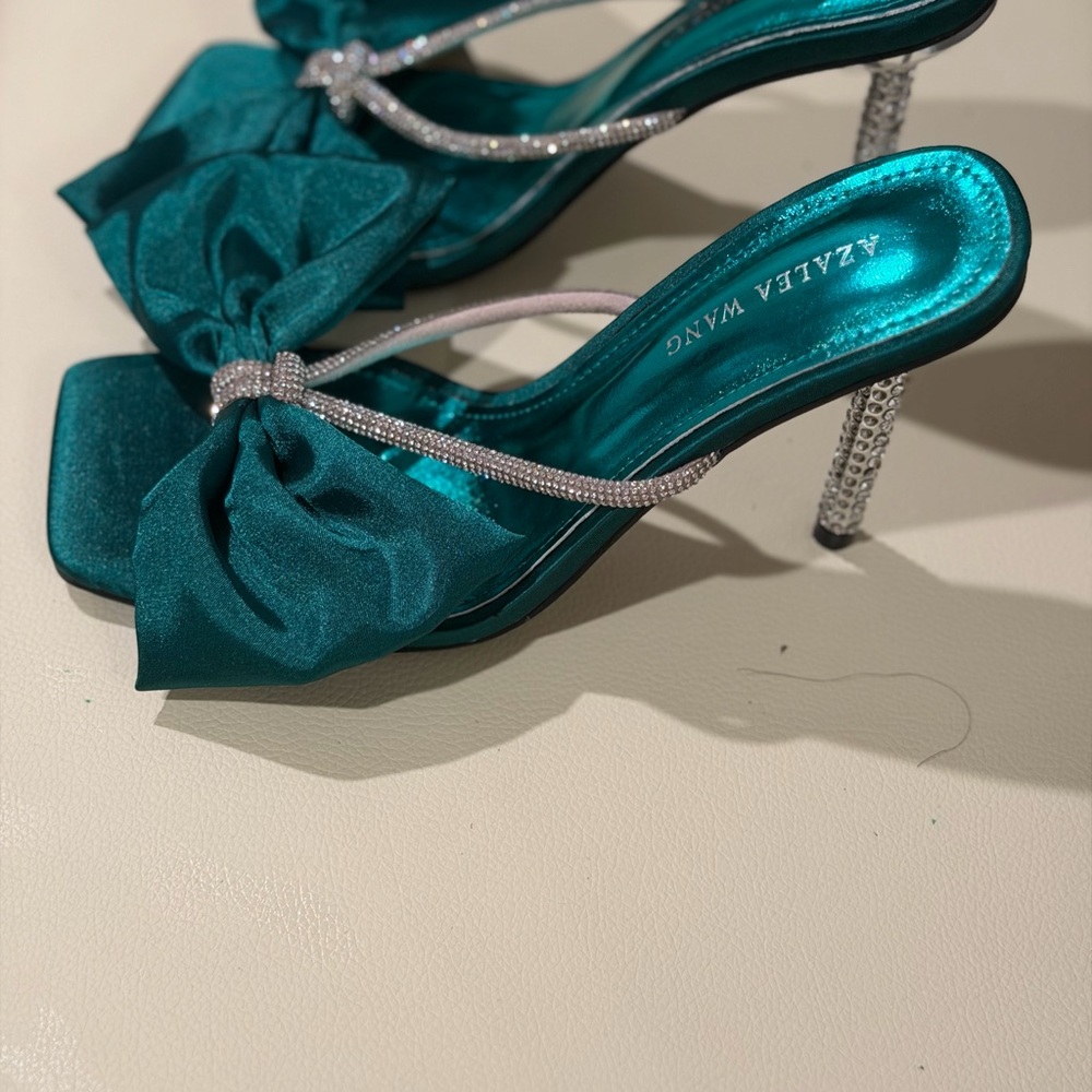 Azalea Wang Teal Satin Heels with Crystal Straps